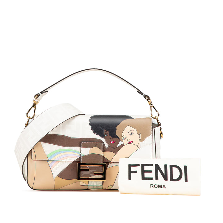 Fendi Zucca Graphic Print Coated Toile Bikini Girls Baguette Sac cartable Blanc