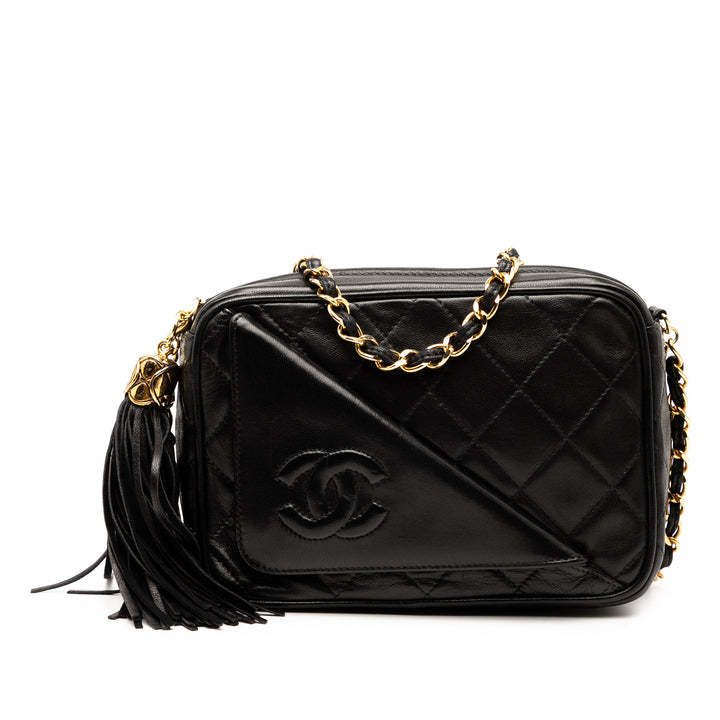 Chanel CC Quilted Cuir d’agneau Tassel Sac caméra Noir