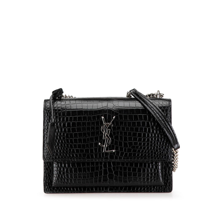 Saint Laurent Medium Croc Embossed Leather Sunset Crossbody Black - gabyparis.fr