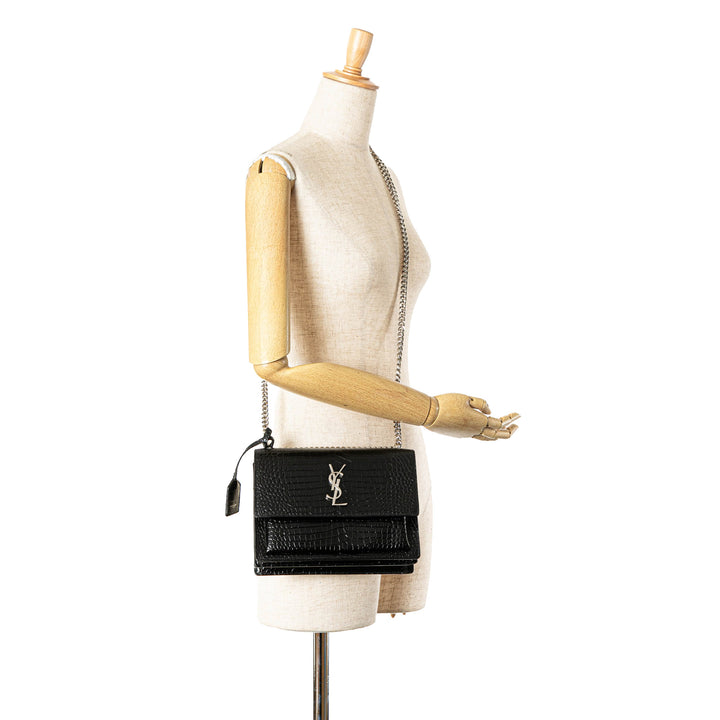 Saint Laurent Medium Croc Embossed Leather Sunset Crossbody Black - gabyparis.fr