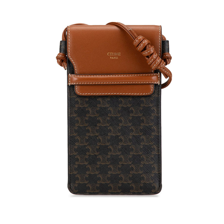 Celine Triomphe Coated Canvas and Lambskin Phone Pouch with Flap Brown - gabyparis.fr