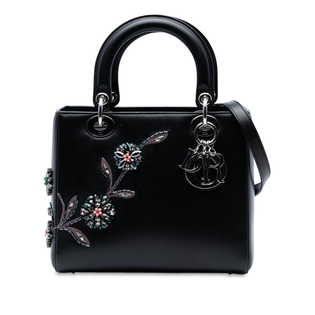 Dior Medium Smooth Cuir de veau Embroidered Beaded Floral Lady Dior Noir