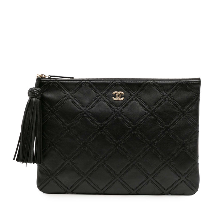 Chanel Medium Quilted Cuir d’agneau Double Stitch Tassel O Étui Pochette Noir