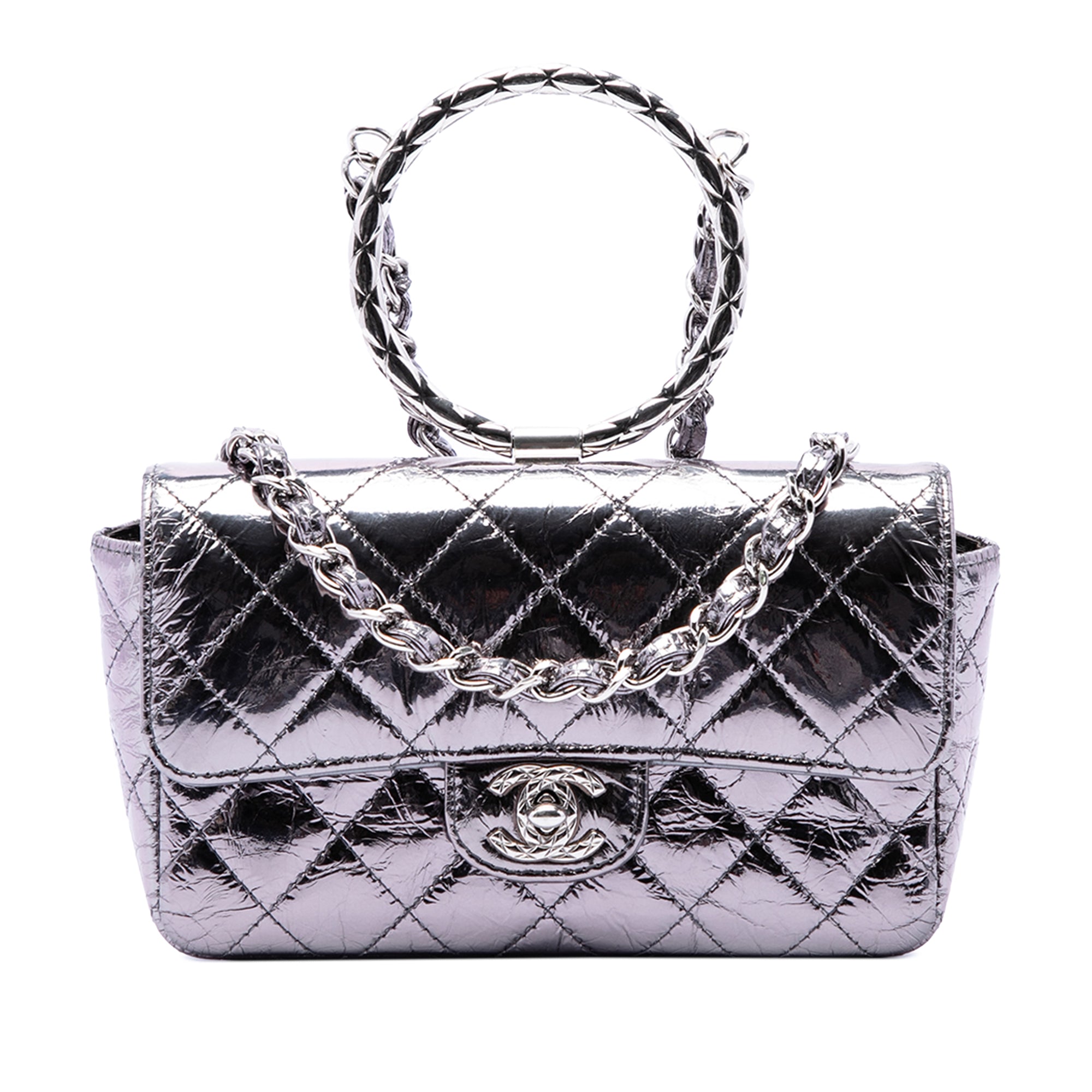 Chanel Mini Quilted Metallic Calfskin Ring Top Handle Flap Silver
