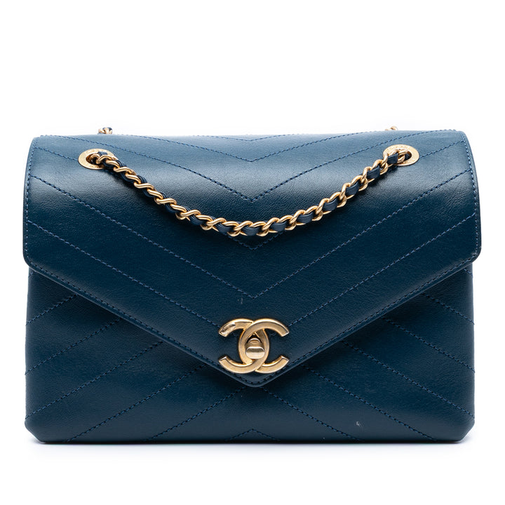 Chanel Small Chevron Cuir d’agneau Stitched Envelope Flap Bleu