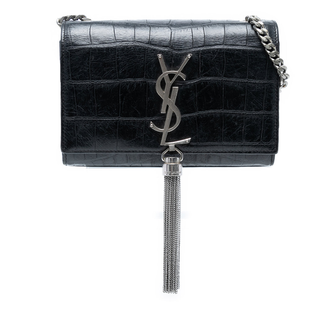 Saint Laurent Small Croc Embossed Cuir Monogram Kate Tassel Sac porté croisé Noir – GABY PARIS Authentique