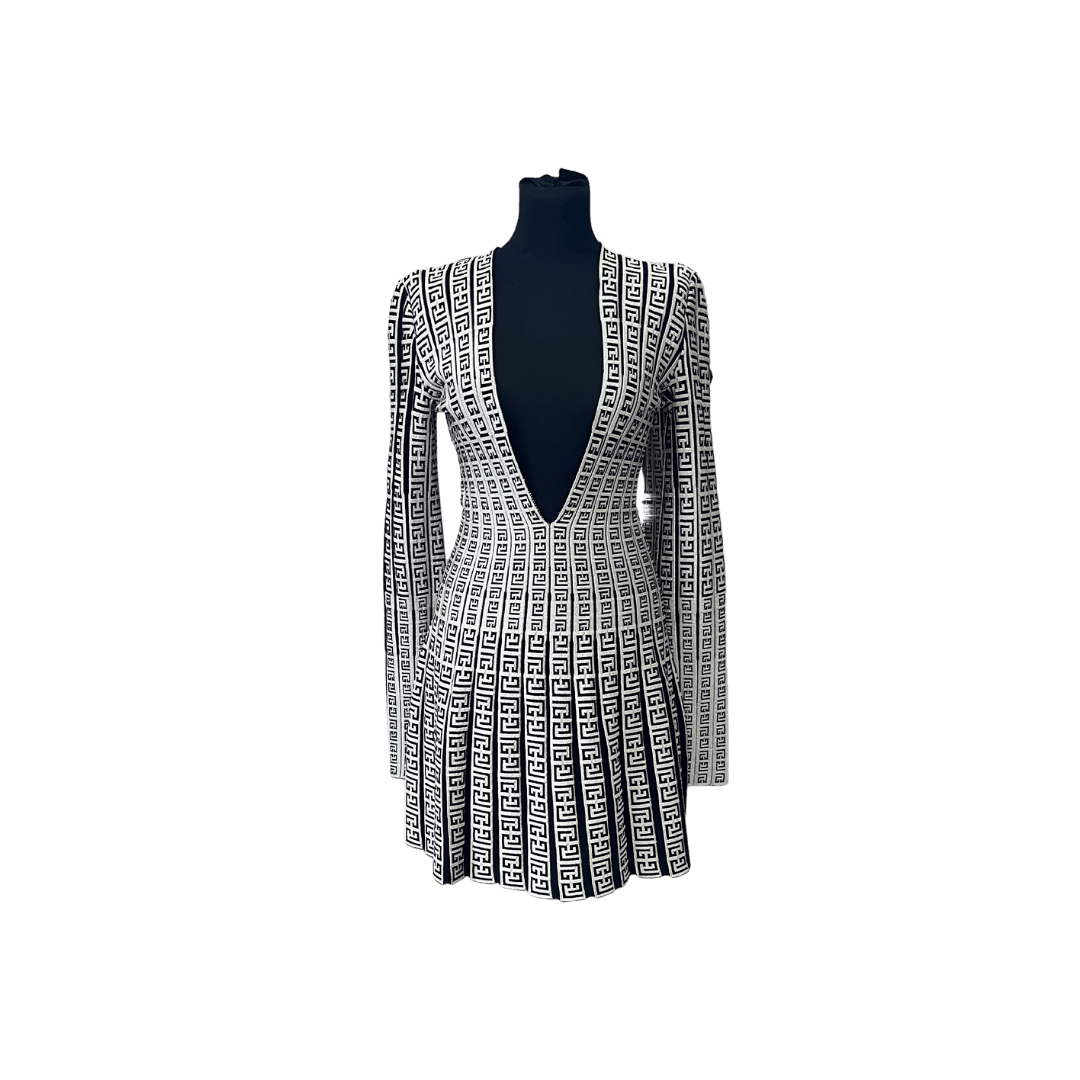 BALMAIN Robe patineuse encolure très échancrée à motif monogramme - gabyparis.fr