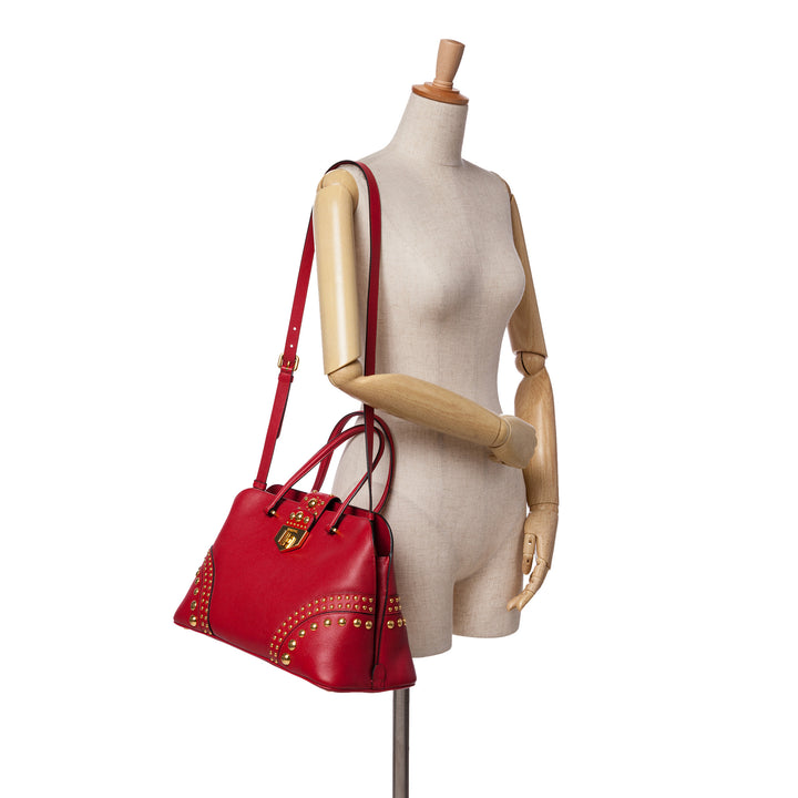 Studded Saffiano Cuir Promenade Satchel Red - Gaby Paris