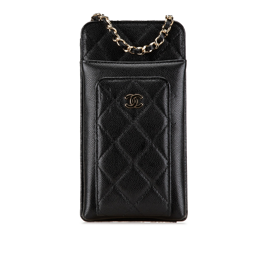 Quilted Caviar O Phone Holder with Chain Black - Gaby Paris