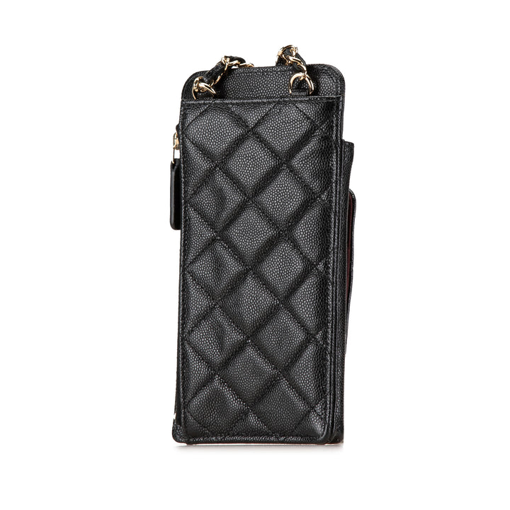 Quilted Caviar O Phone Holder with Chain Black - Gaby Paris