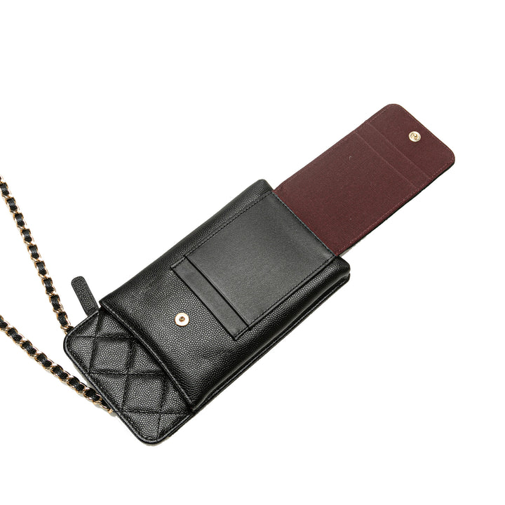 Quilted Caviar O Phone Holder with Chain Black - Gaby Paris