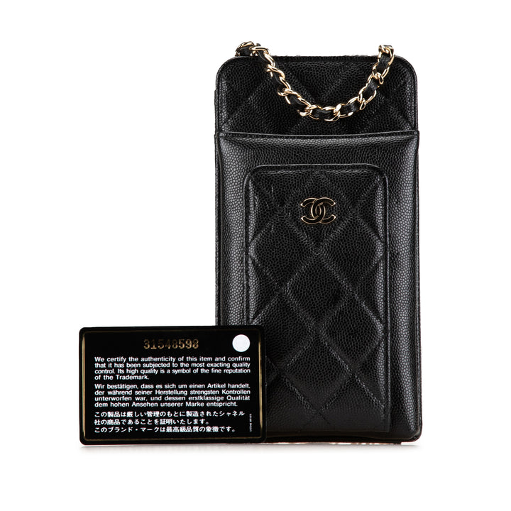 Quilted Caviar O Phone Holder with Chain Black - Gaby Paris