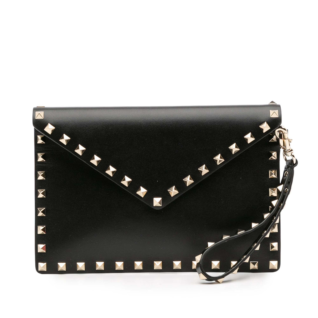Calfskin Rockstud Envelope Flat Wristlet Clutch Black - Gaby Paris