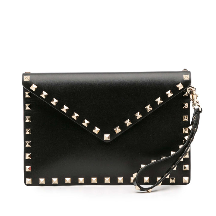 Calfskin Rockstud Envelope Flat Wristlet Clutch Black - Gaby Paris