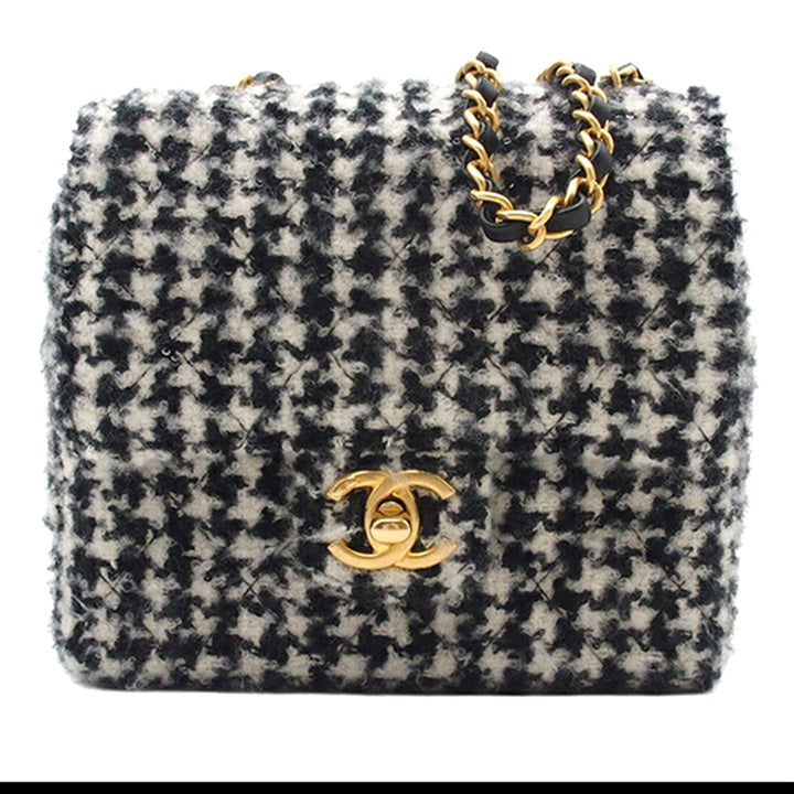 Chanel Mini Square Matelassé Tweed Houndstooth Straight Simple rabat