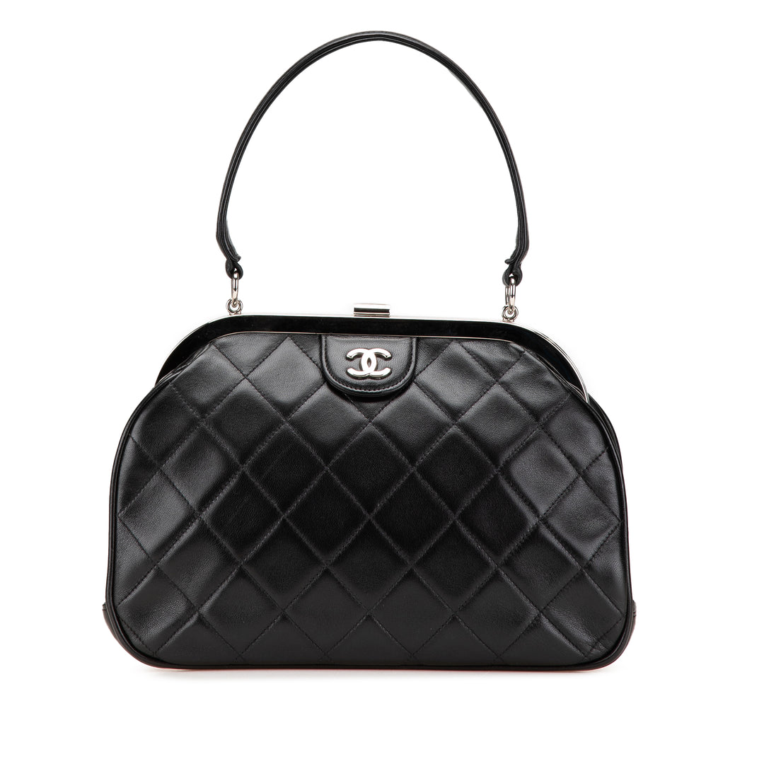 CC Quilted Lambskin Kiss Lock Frame Top Handle Bag Black - Gaby Paris