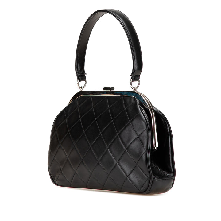 CC Quilted Lambskin Kiss Lock Frame Top Handle Bag Black - Gaby Paris