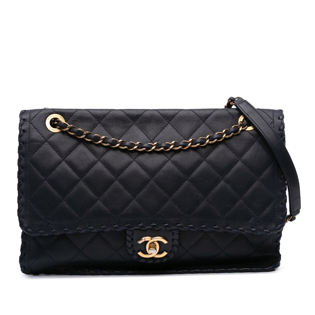 Jumbo Quilted Iridescent Calfskin Happy Stitch Flap Blue - Gaby Paris