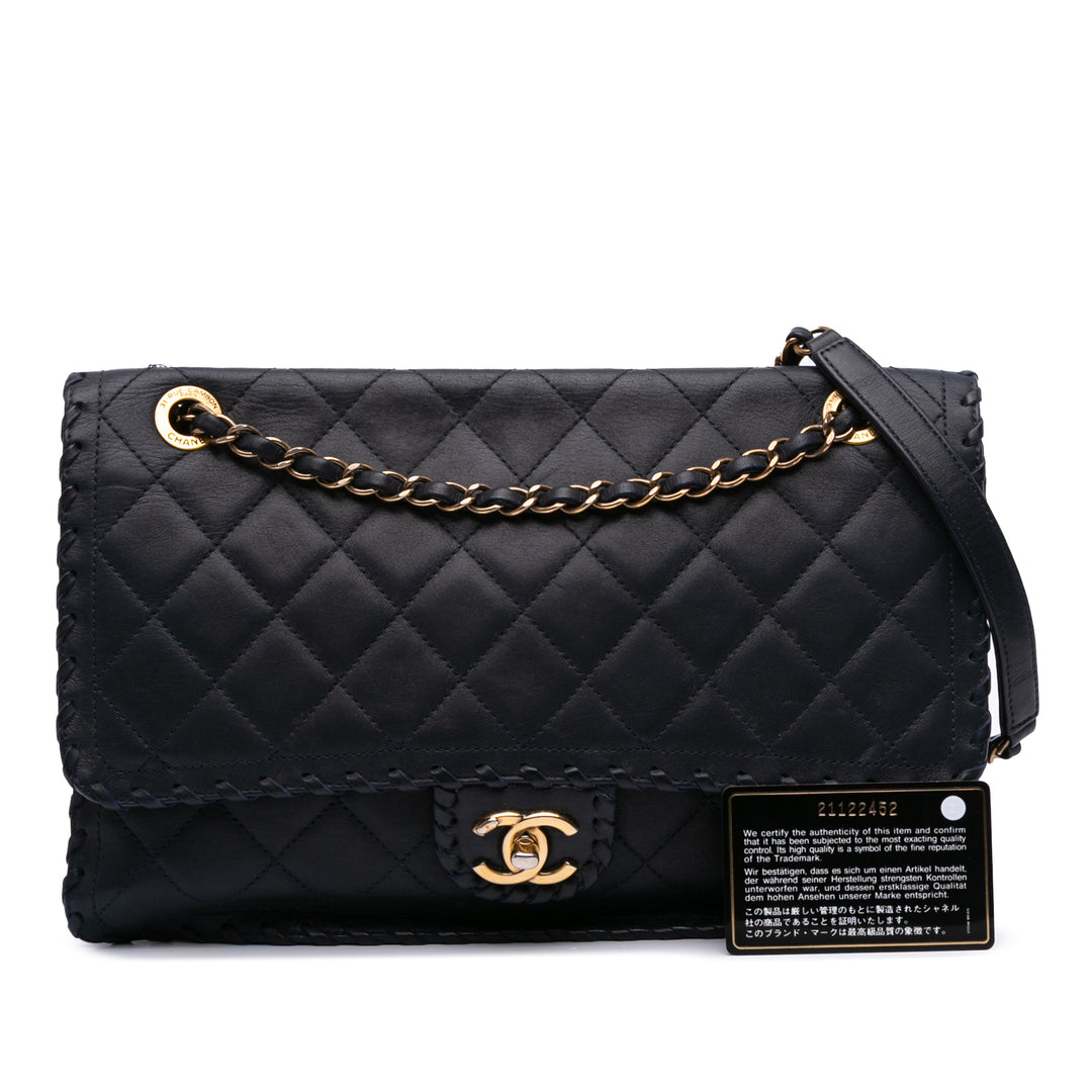 Jumbo Quilted Iridescent Calfskin Happy Stitch Flap Blue - Gaby Paris