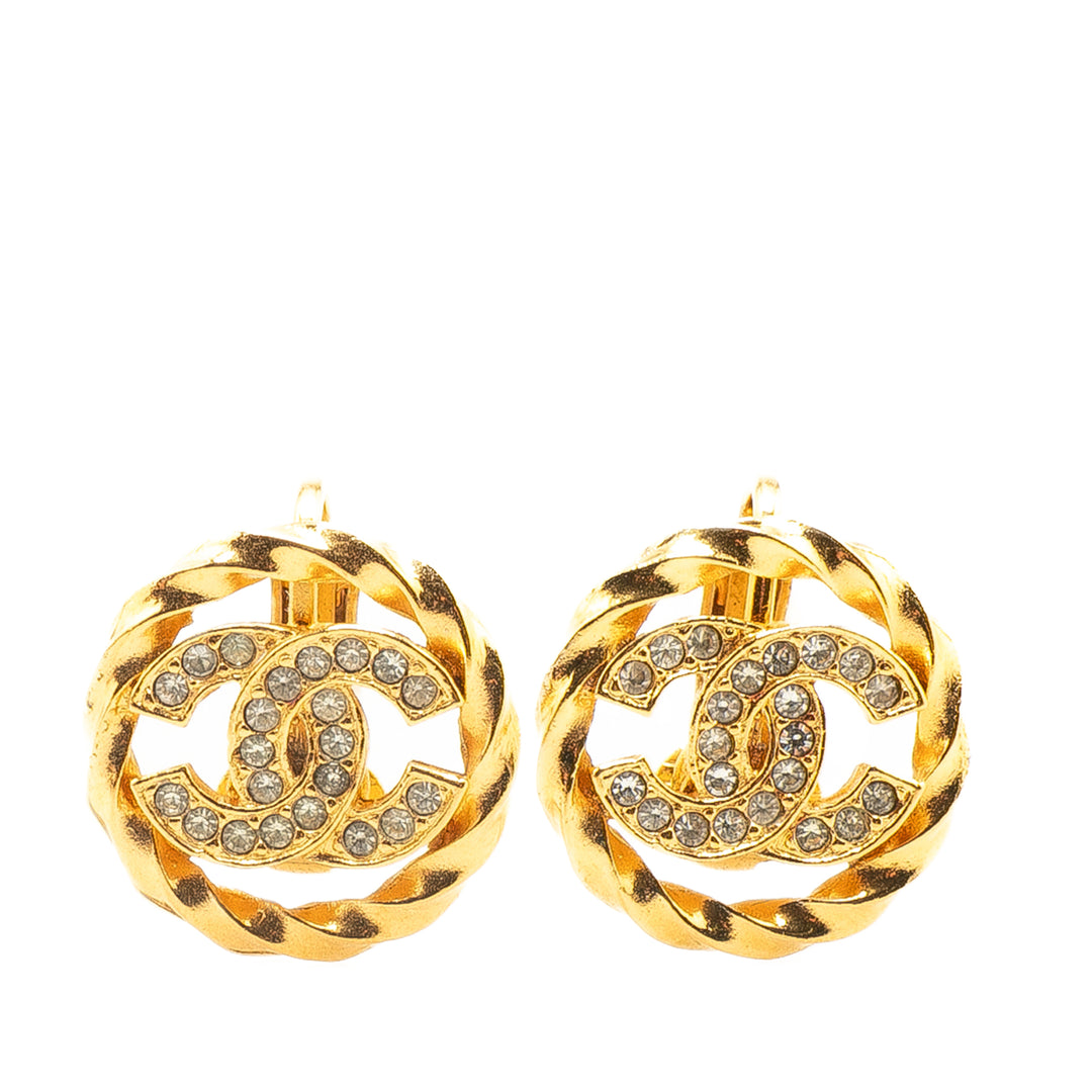 Gold Plated CC Rhinestones Clip On Earrings Gold - Gaby Paris