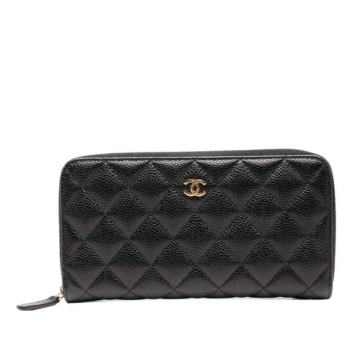 Chanel CC Quilted Caviar Zip Around Long Wallet Noir
