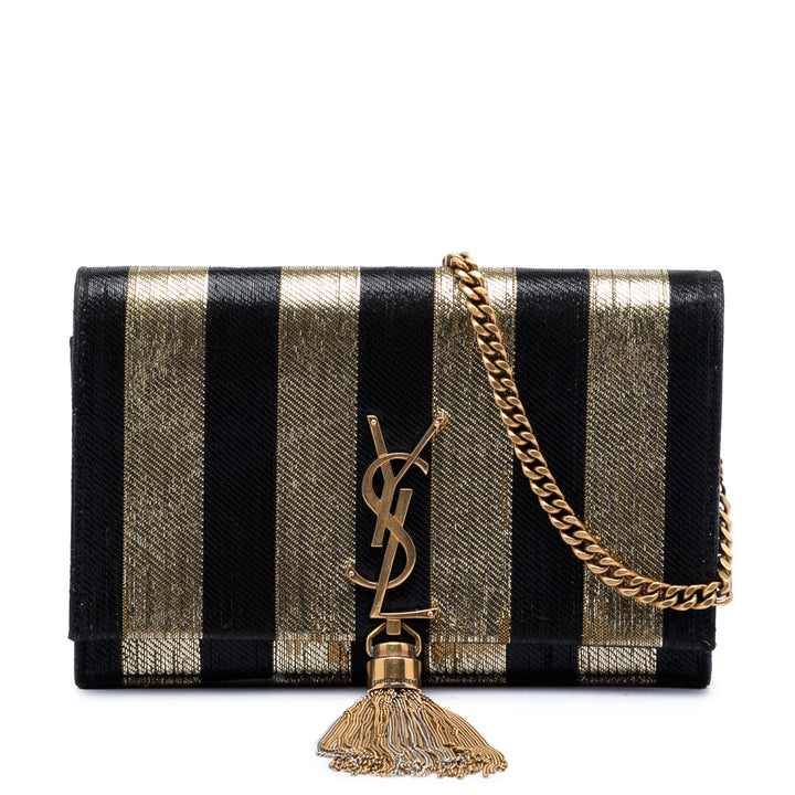 Saint Laurent Metallic Striped Fabric Monogram Kate Pompon Wallet on Chain