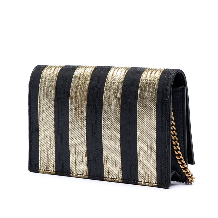 Saint Laurent Metallic Striped Fabric Monogram Kate Pompon Wallet on Chain