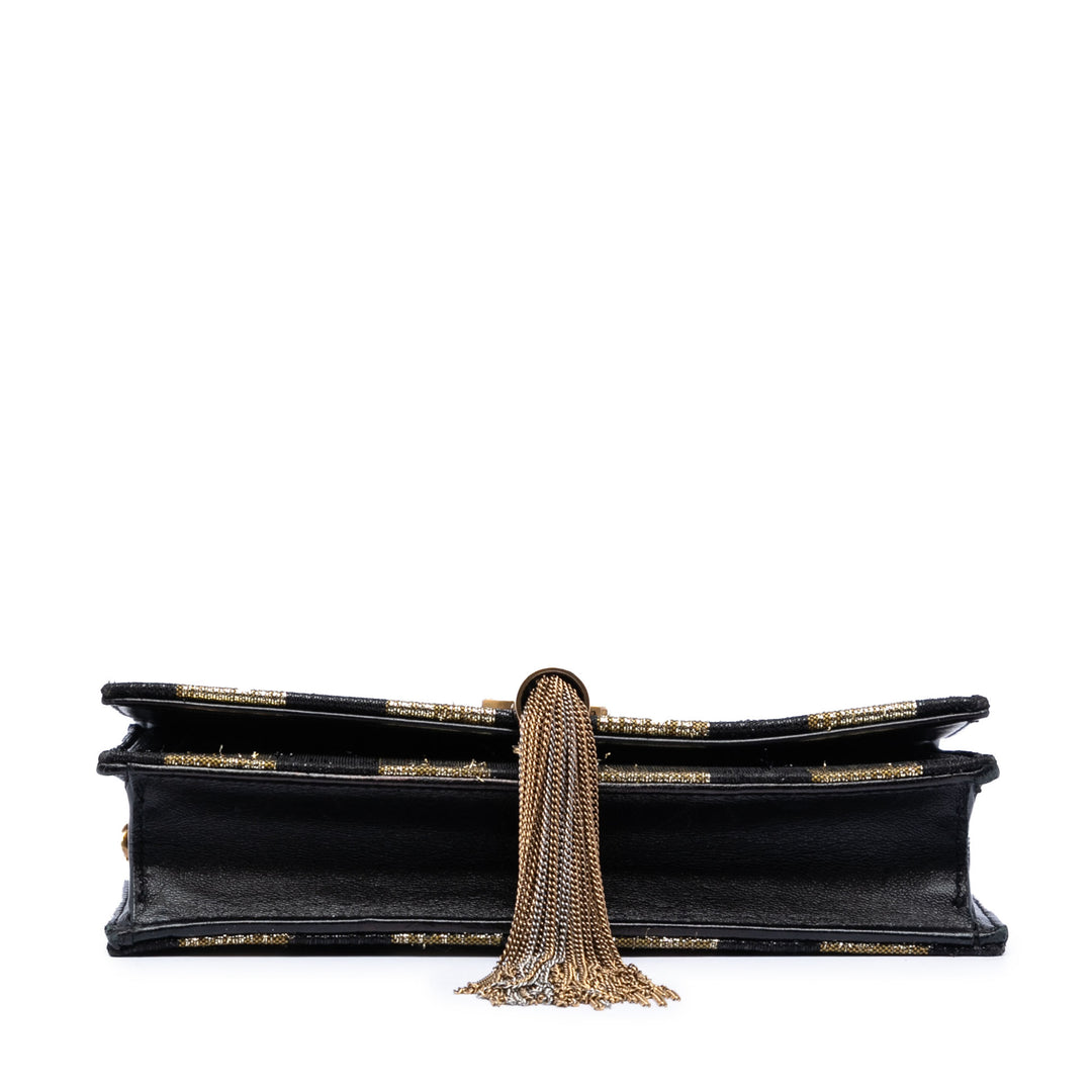 Saint Laurent Metallic Striped Fabric Monogram Kate Pompon Wallet on Chain