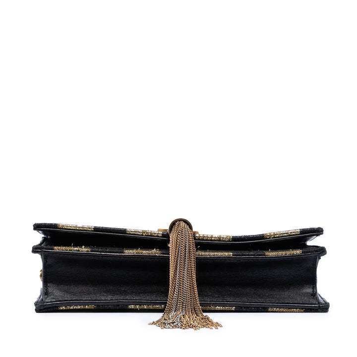 Saint Laurent Metallic Striped Fabric Monogram Kate Pompon Wallet on Chain