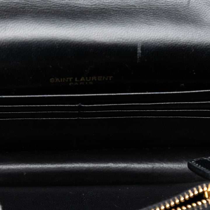 Saint Laurent Metallic Striped Fabric Monogram Kate Pompon Wallet on Chain