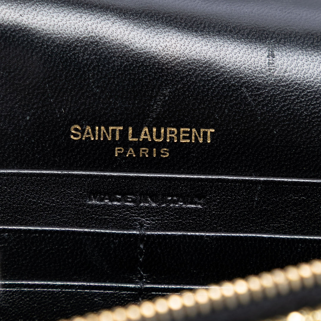 Saint Laurent Metallic Striped Fabric Monogram Kate Pompon Wallet on Chain