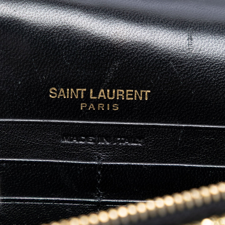 Saint Laurent Metallic Striped Fabric Monogram Kate Pompon Wallet on Chain