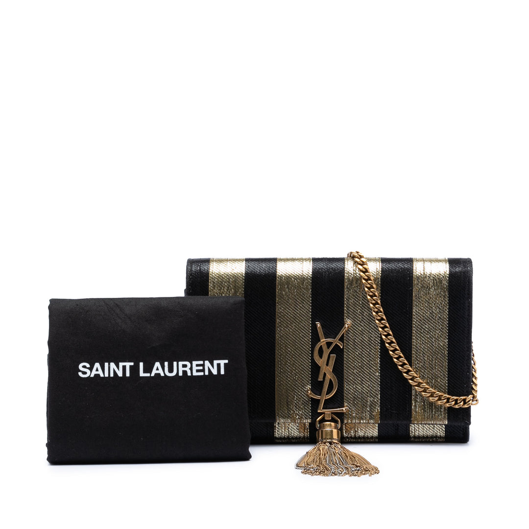 Saint Laurent Metallic Striped Fabric Monogram Kate Pompon Wallet on Chain