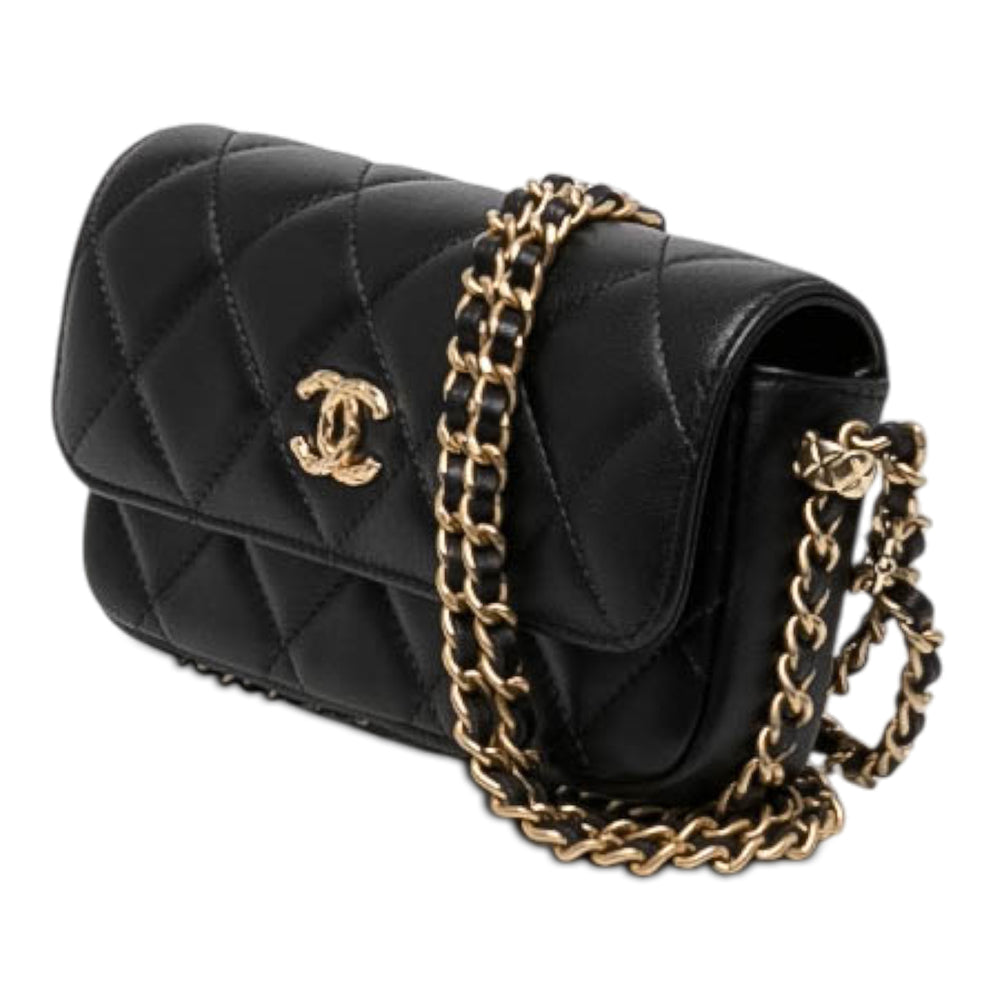 Chanel CC Matelassé à rabat Étui téléphone avec chaîne Cuir d'agneau Noir – vue 2 – GABY PARIS