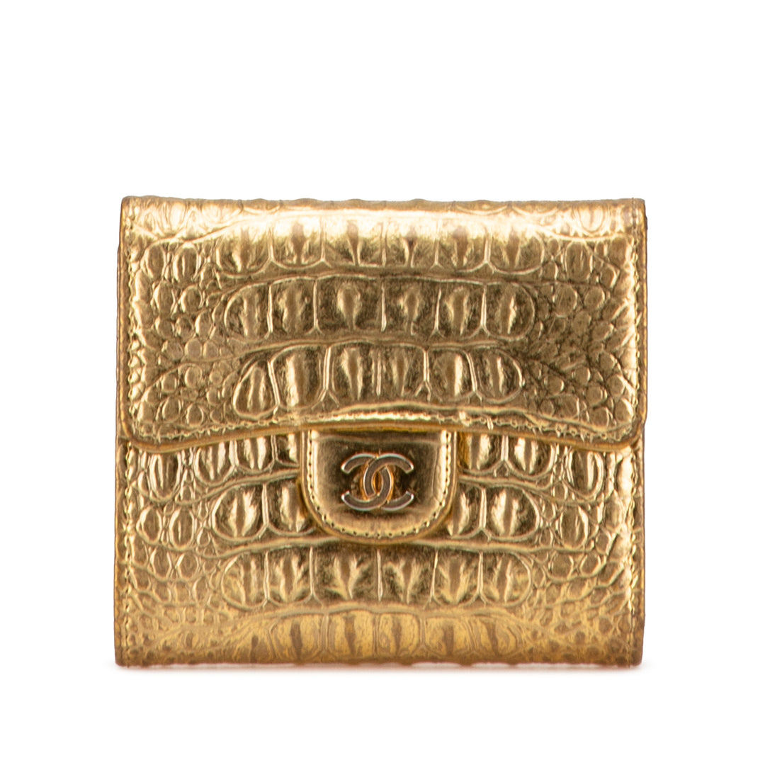 CC Metallic Calfskin Crocodile Embossed Compact Flap Wallet Gold - Gaby Paris