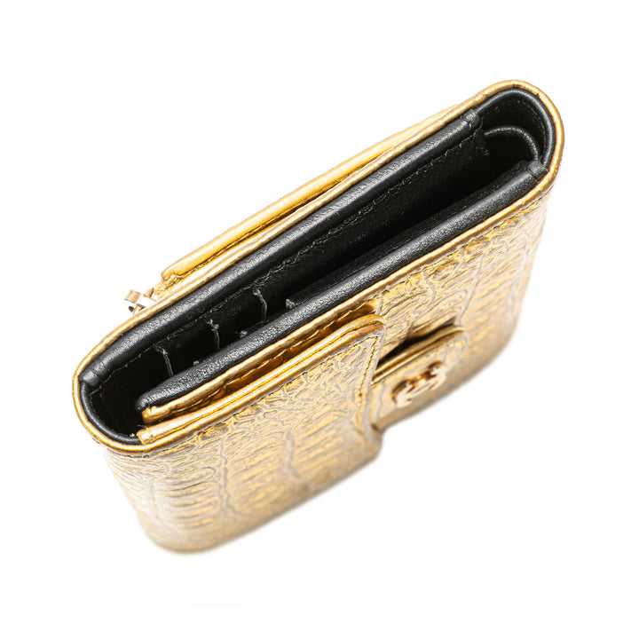 CC Metallic Calfskin Crocodile Embossed Compact Flap Wallet Gold - Gaby Paris