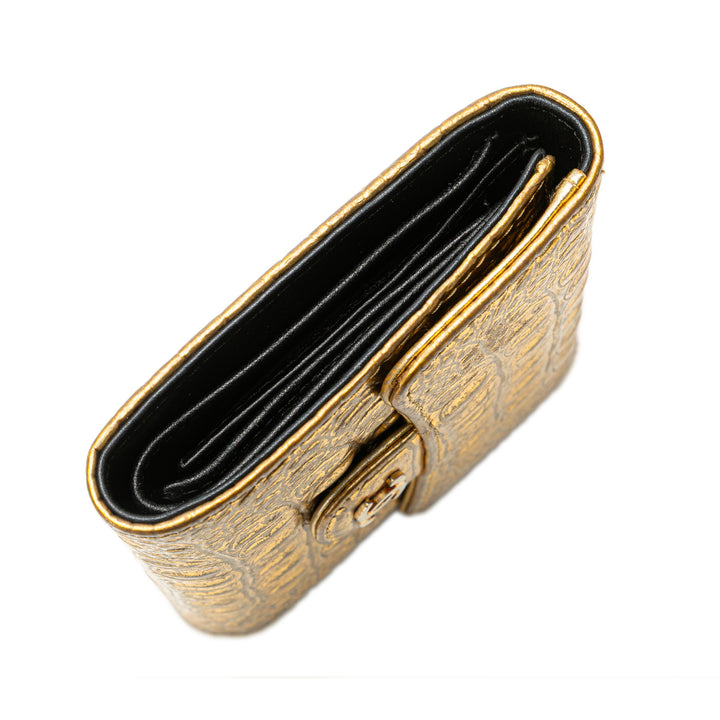 CC Metallic Calfskin Crocodile Embossed Compact Flap Wallet Gold - Gaby Paris