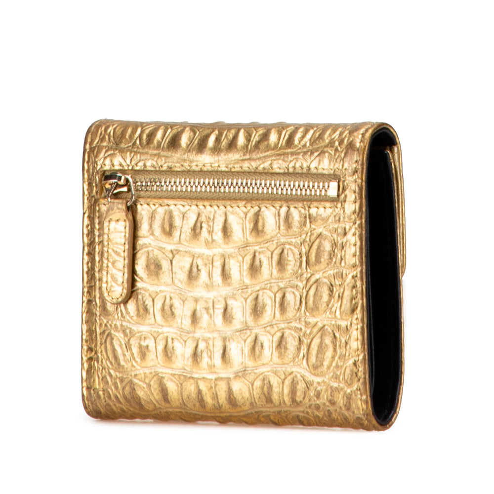 CC Metallic Calfskin Crocodile Embossed Compact Flap Wallet Gold - Gaby Paris