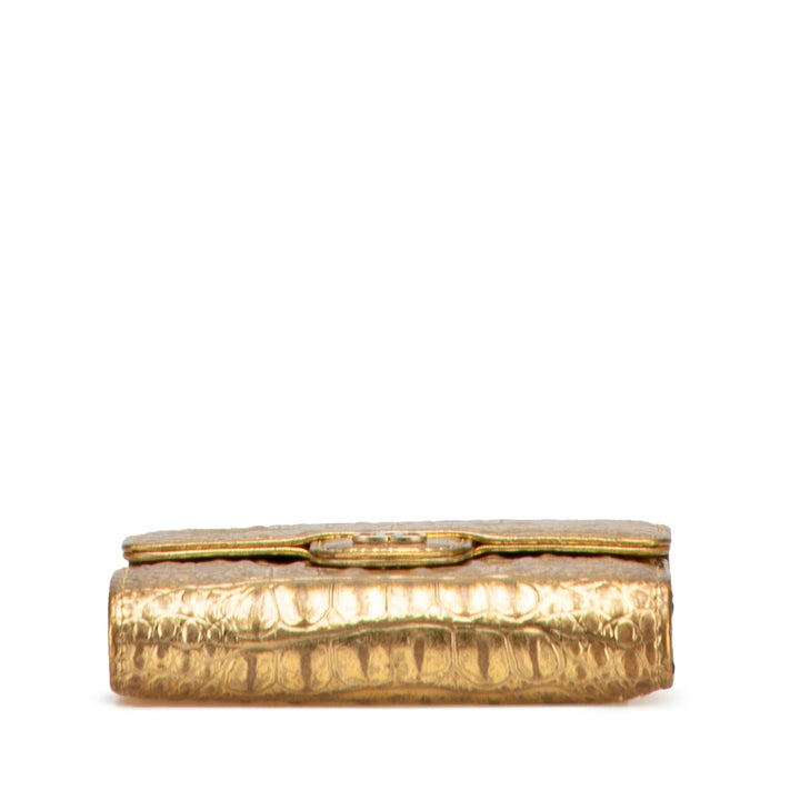 CC Metallic Calfskin Crocodile Embossed Compact Flap Wallet Gold - Gaby Paris