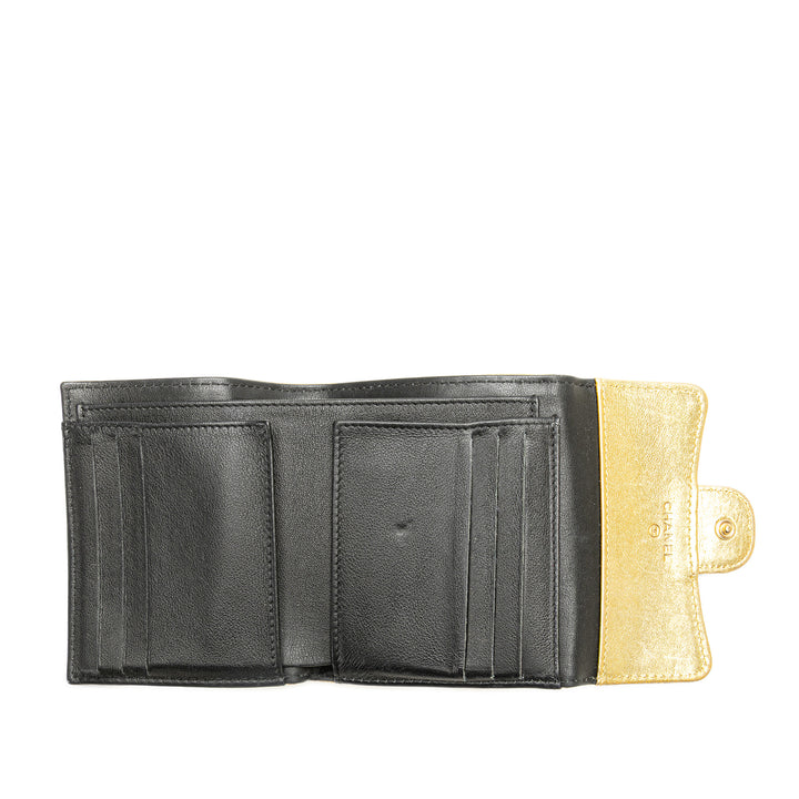 CC Metallic Calfskin Crocodile Embossed Compact Flap Wallet Gold - Gaby Paris