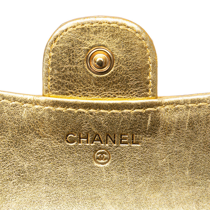 CC Metallic Calfskin Crocodile Embossed Compact Flap Wallet Gold - Gaby Paris