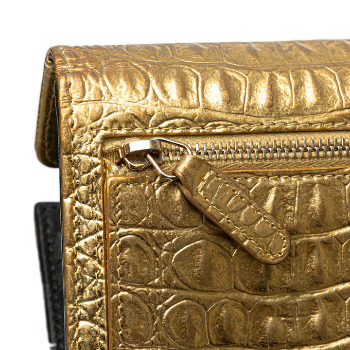 CC Metallic Calfskin Crocodile Embossed Compact Flap Wallet Gold - Gaby Paris