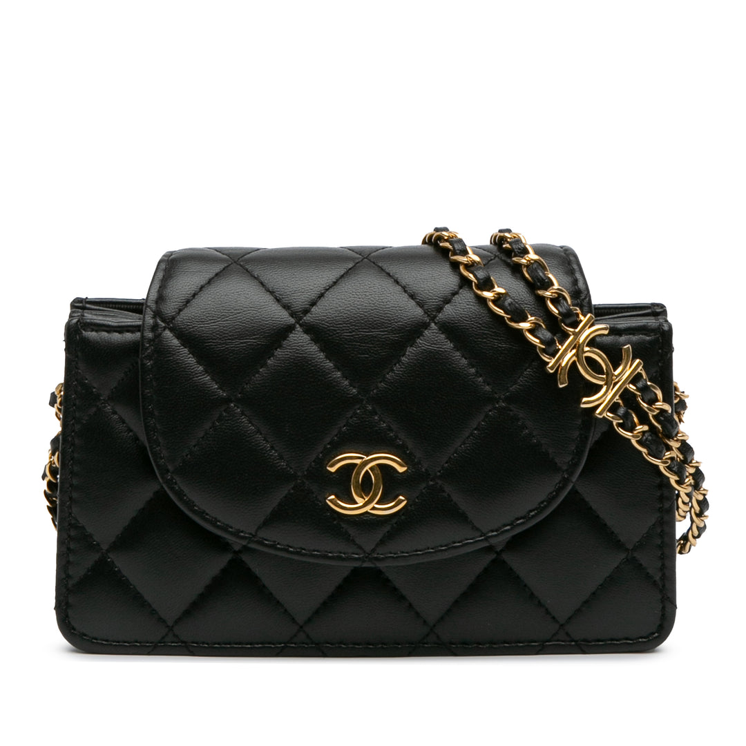 Mini CC Quilted Lambskin Phone Holder On Chain Black - Gaby Paris