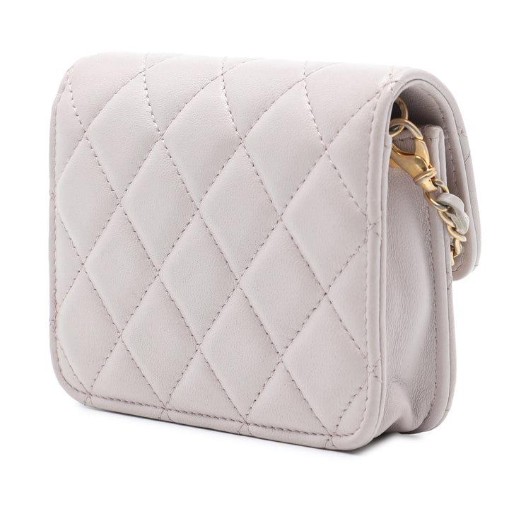 Matelassé Perle Crush Pochette avec chaîne Mini Cuir d'agneau Marron
