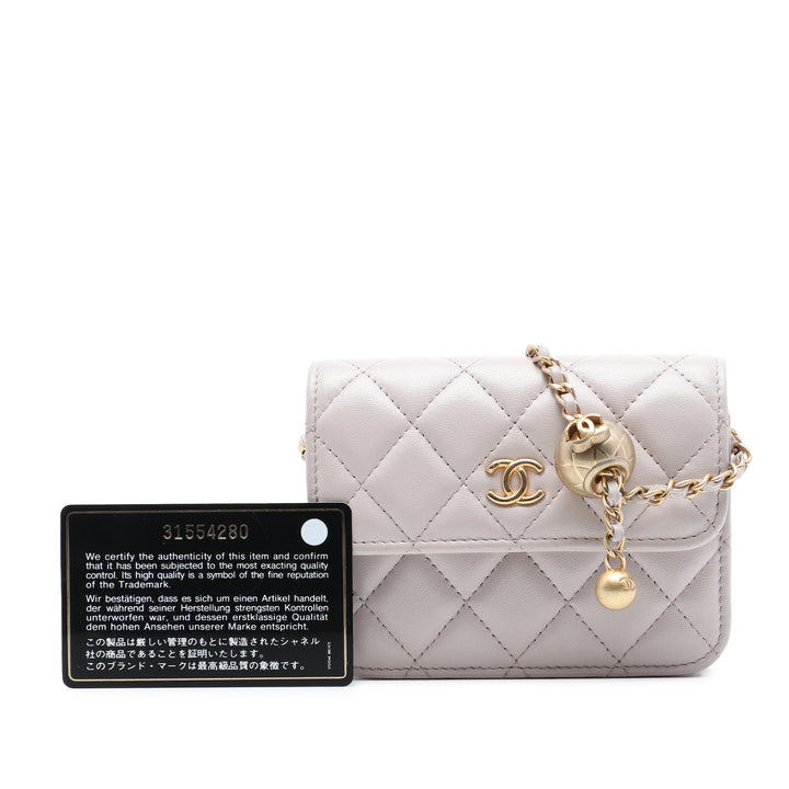 Matelassé Perle Crush Pochette avec chaîne Mini Cuir d'agneau Marron