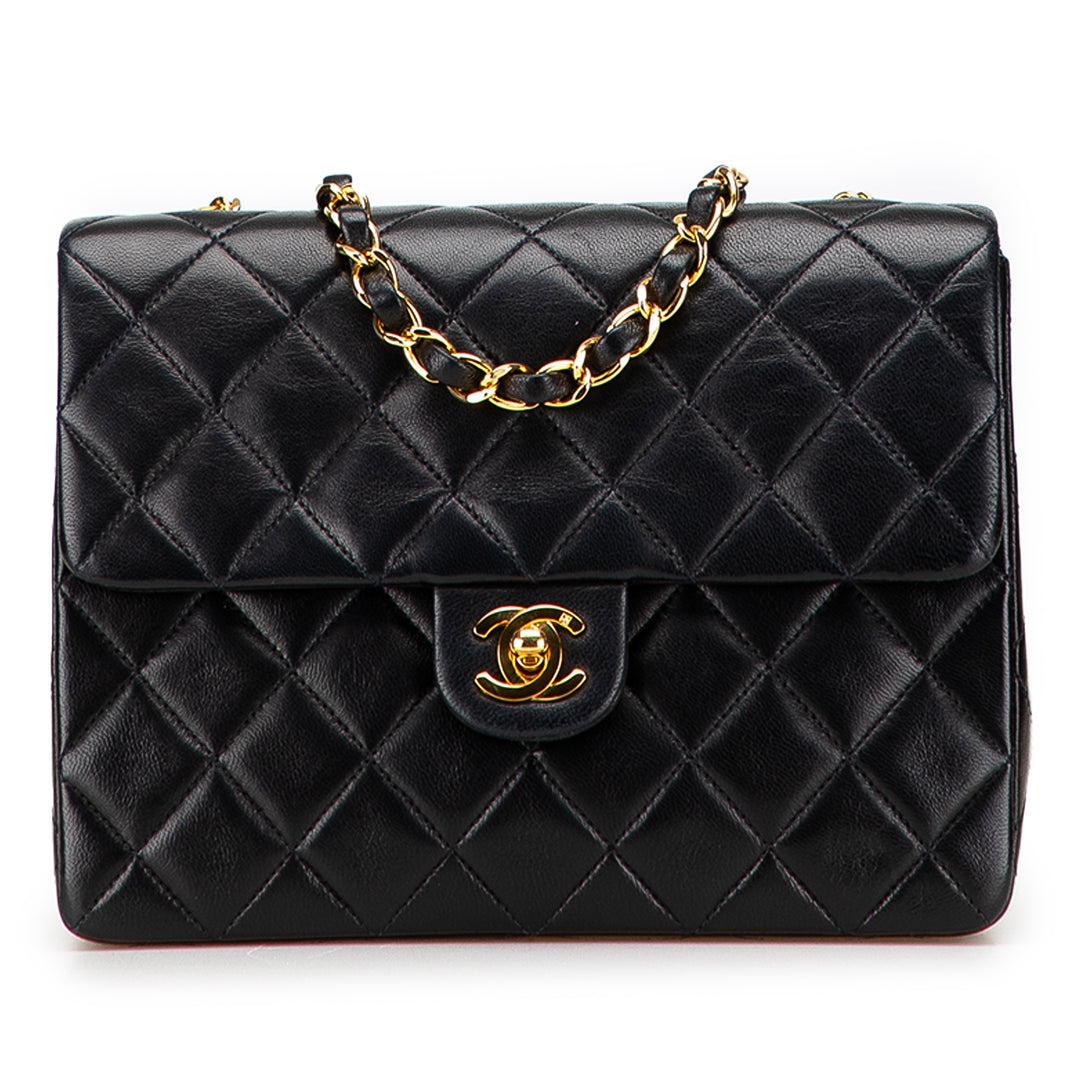 Square Quilted Lambskin Single Flap Black - Gaby Paris