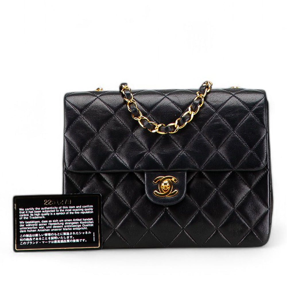Square Quilted Lambskin Single Flap Black - Gaby Paris