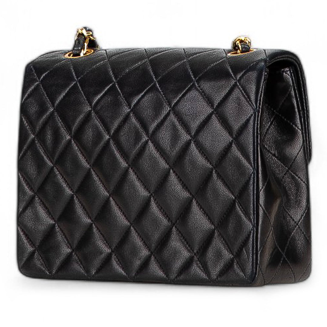 Square Quilted Lambskin Single Flap Black - Gaby Paris