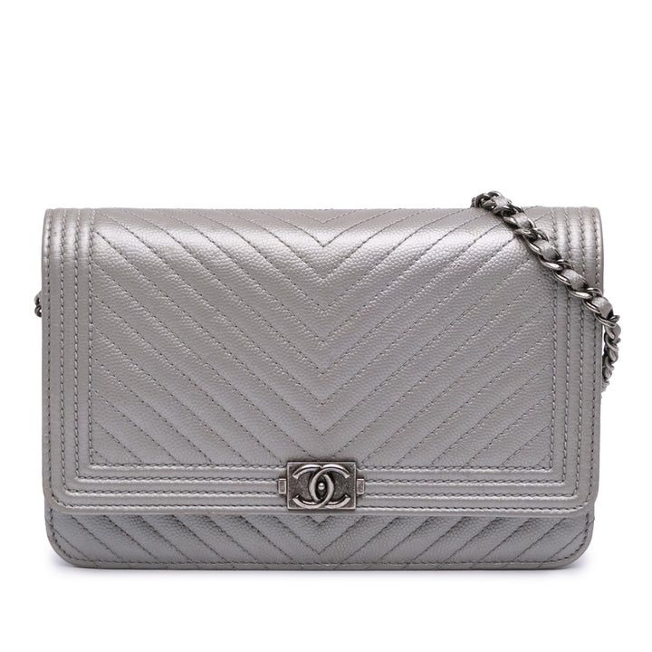 Chevron Metallic Caviar Boy Wallet On Chain Silver - Gaby Paris