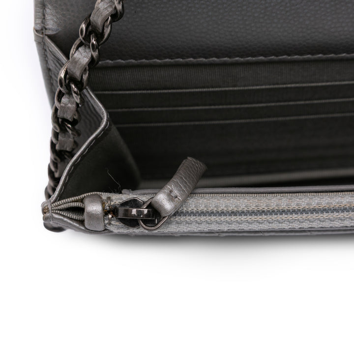 Chevron Metallic Caviar Boy Wallet On Chain Silver - Gaby Paris